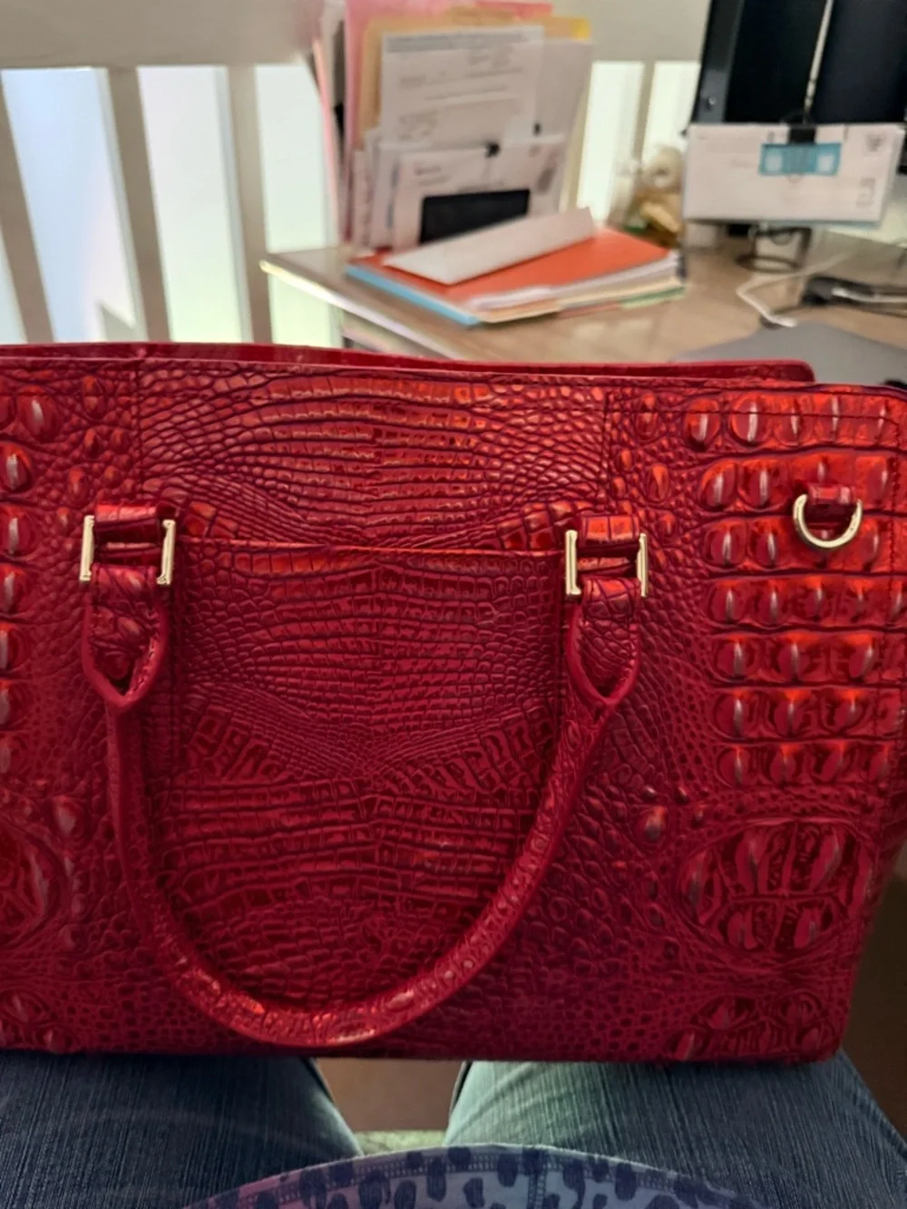 Brahmin Bright Red Croc-Embossed Tote with Gold Hardware